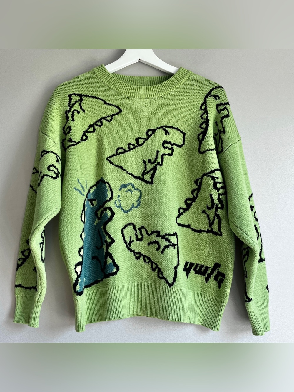 Aelfric Eden dinosaur sweater small unisex green crewneck pullover cartoon knit